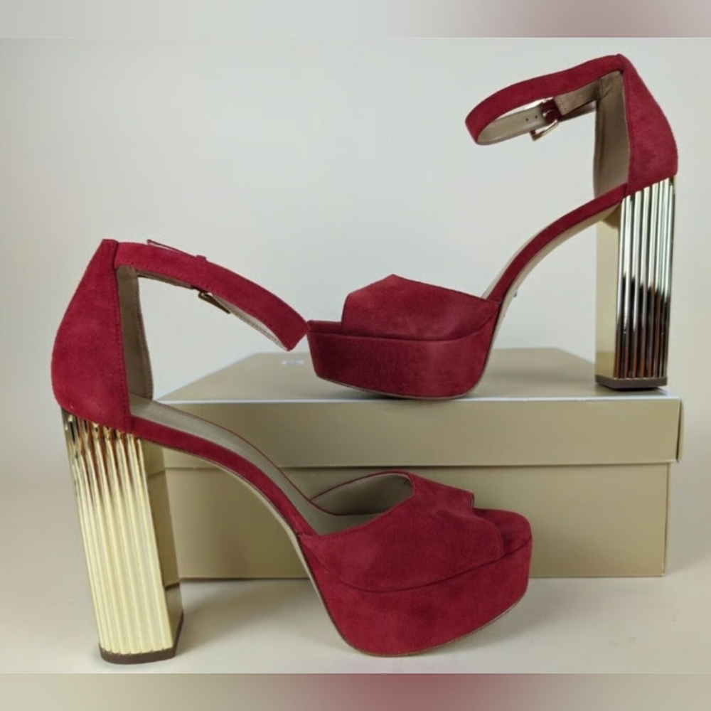 Michael Kors Paloma Red Suede Ankle Strap Platform Gold Heels Size 8.5